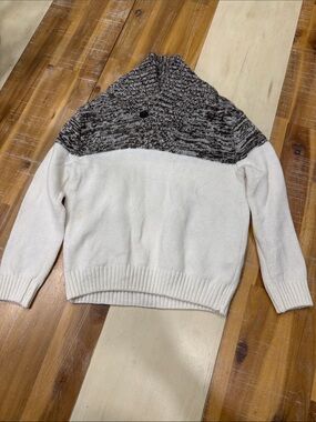 Kids Cream Shawl-Collar Knit Hoodie with Marled Gray Yoke